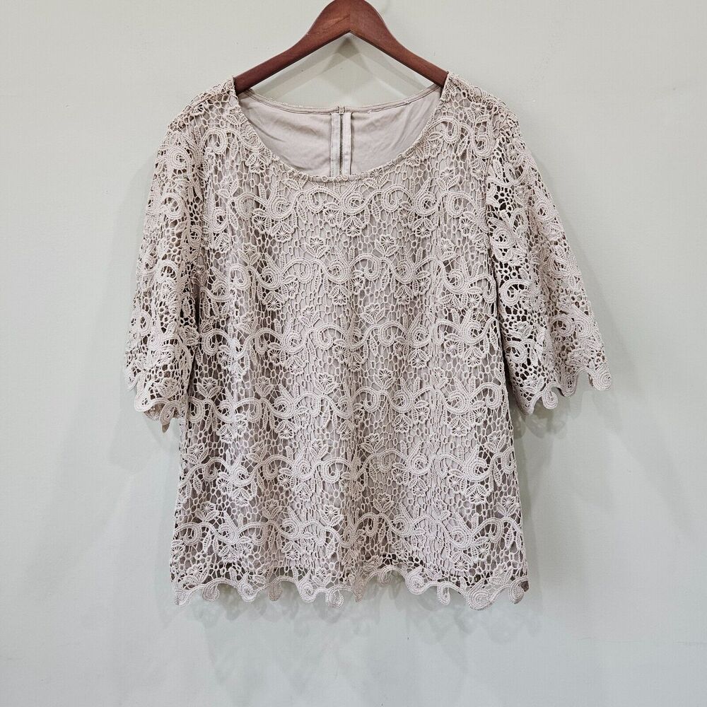 Unbranded Womens Short Sleeves Floral Lace Blouse Plus Size 3X Beige Cottagecore